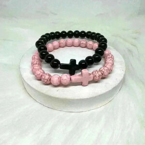 Black Pink Duo Natural Stone Cross Bracelet